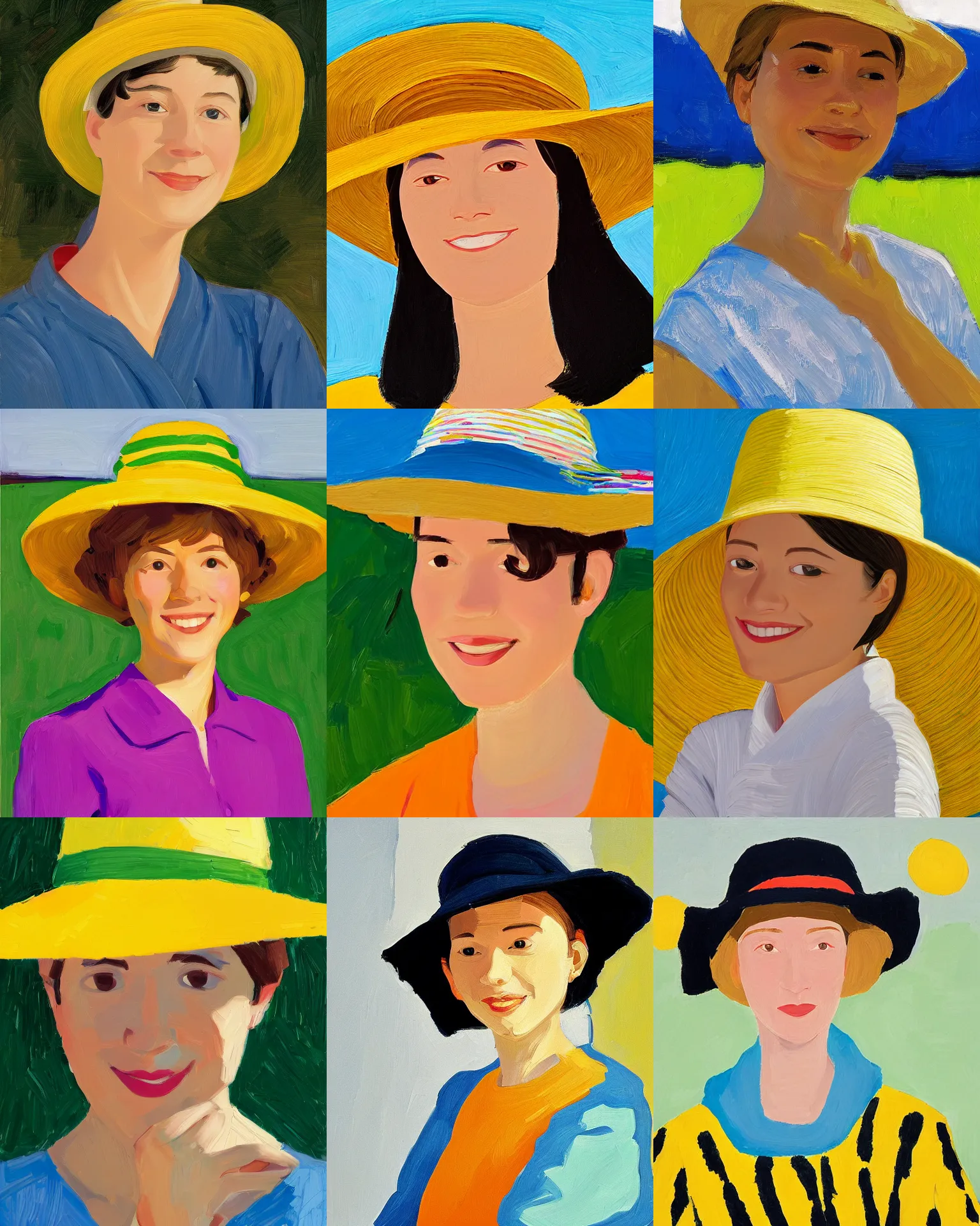 Image similar to portrait of a smiling young woman with sun hat, short hair, light background, colorful, peaceful, by alex katz, close up