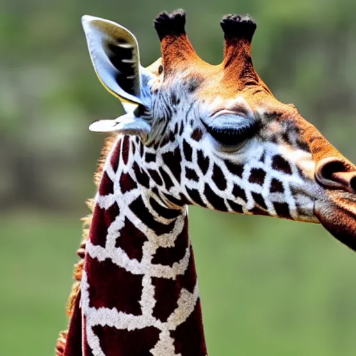 Prompt: photo of a giraffe wearing a red tie on its neck