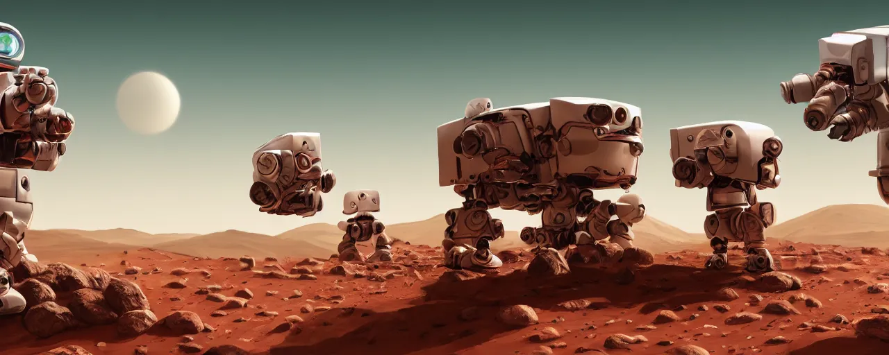 Image similar to cute robots working on mars, trending on artstation, 8K, ultra wide angle, pincushion lens effect