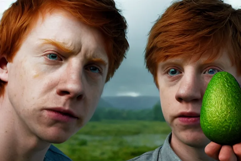 Image similar to an ultra realistic, cinematic, headshot portrait, of ron weasley kissing an avocado, fantasy, avocado, facial features, background of a vast serene landscape, with trees and rivers, detailed, deep focus, movie still, dramatic lighting, ray tracing, by michal karcz and yoshitaka amano