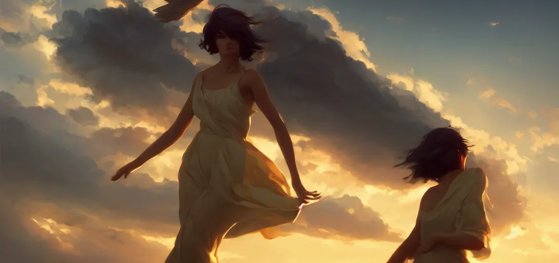 Image similar to beautiful woman angel flying peacefully, dramatic clouds, sunset, hazy, gentle, soft lighting, wojtek fus, by Makoto Shinkai and Ilya Kuvshinov,