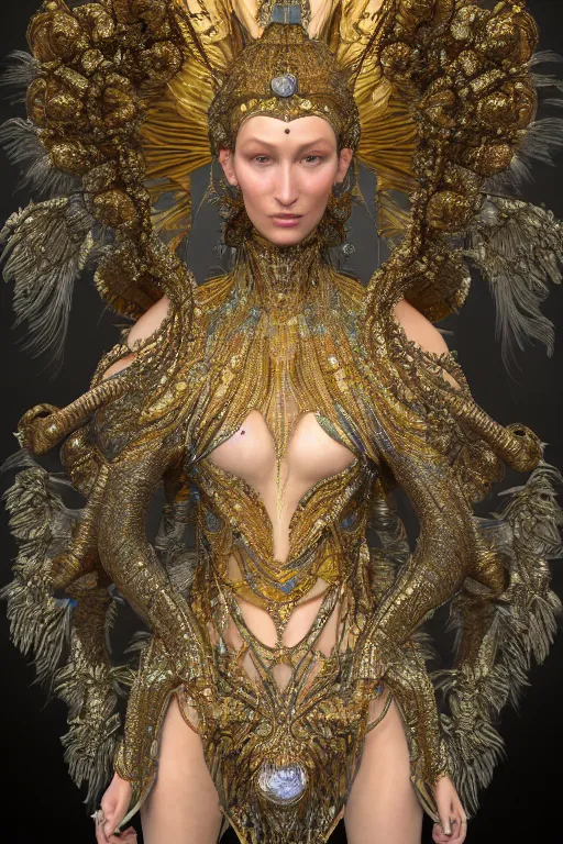 Image similar to a highly detailed metahuman 4 k close up render of an alien goddess bella hadid as durga in iris van herpen dress schiaparelli in diamonds swarovski and jewelry in style of alphonse mucha gustav klimt trending on artstation made in unreal engine 4