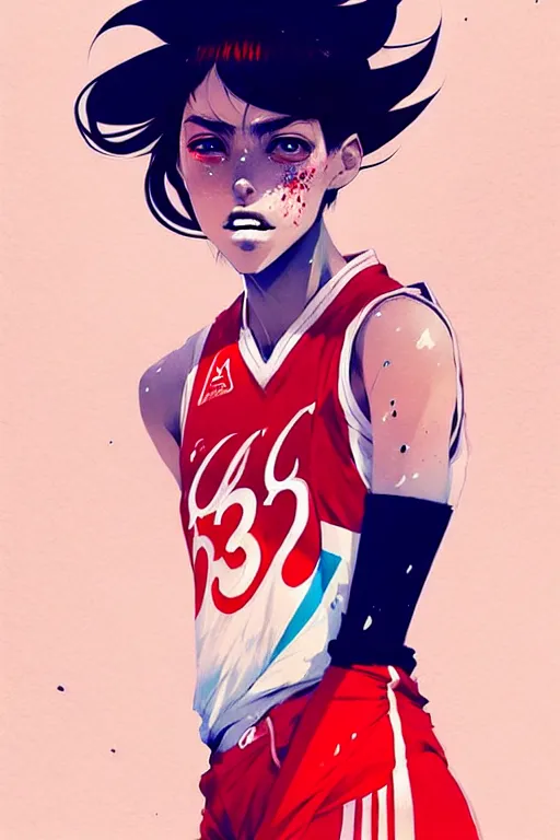 Image similar to a ultradetailed beautiful panting of a stylish girl in a basketball jersey, by conrad roset, greg rutkowski and makoto shinkai, trending on artstation