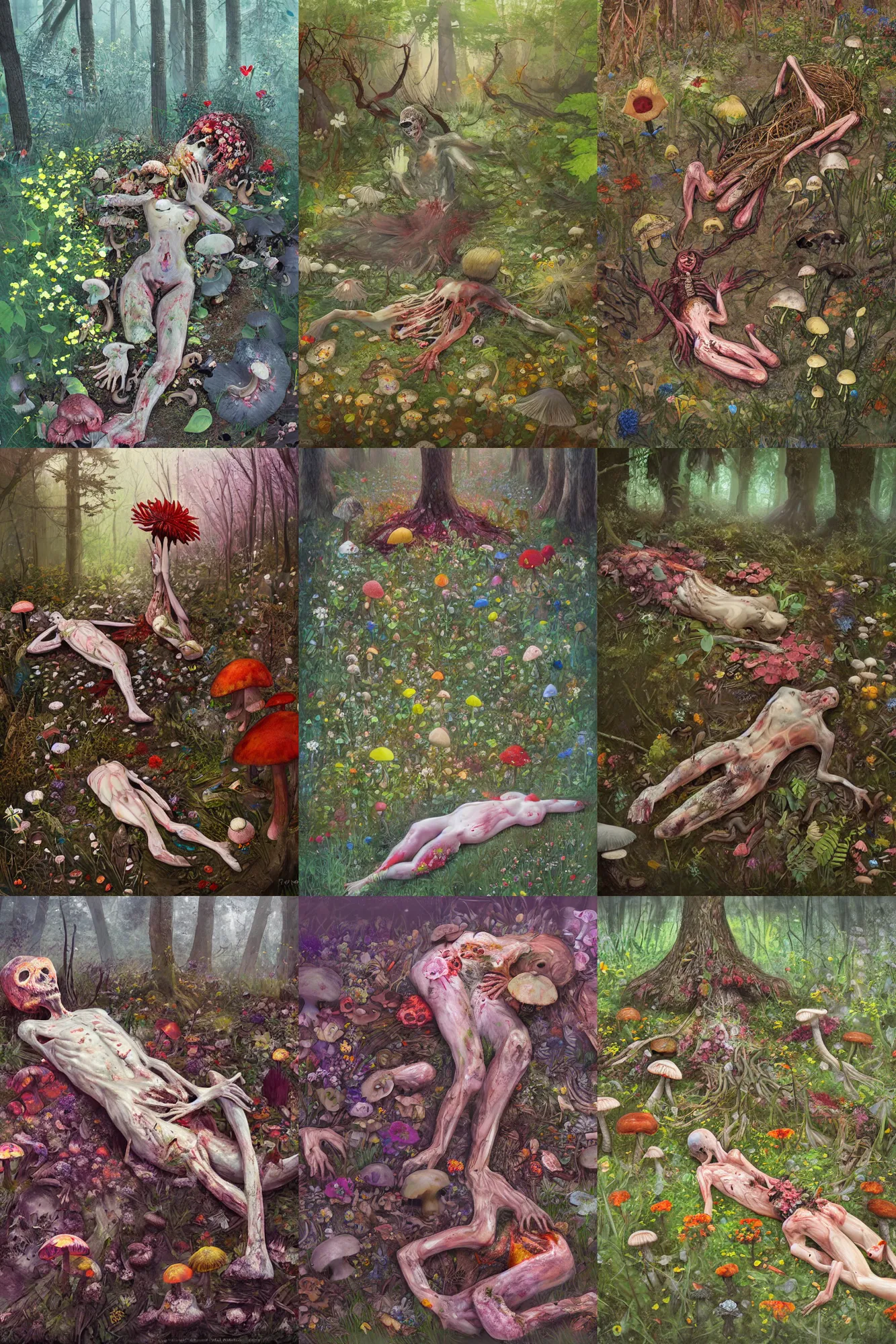 Prompt: dead body decaying on the forest floor, flowers and mushrooms cover the body, flowers grow from the body, mushrooms grow from the body, concept art, painting, aleksander rostov