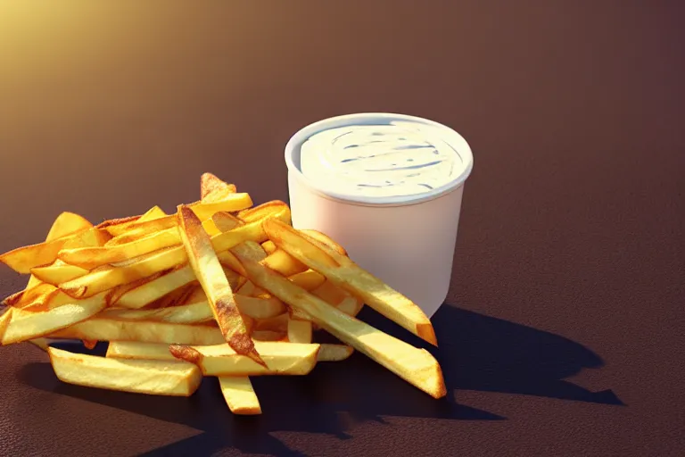 Image similar to best fries, best mayonnaise, best weather, best light, best drink. super realistic 8 k render