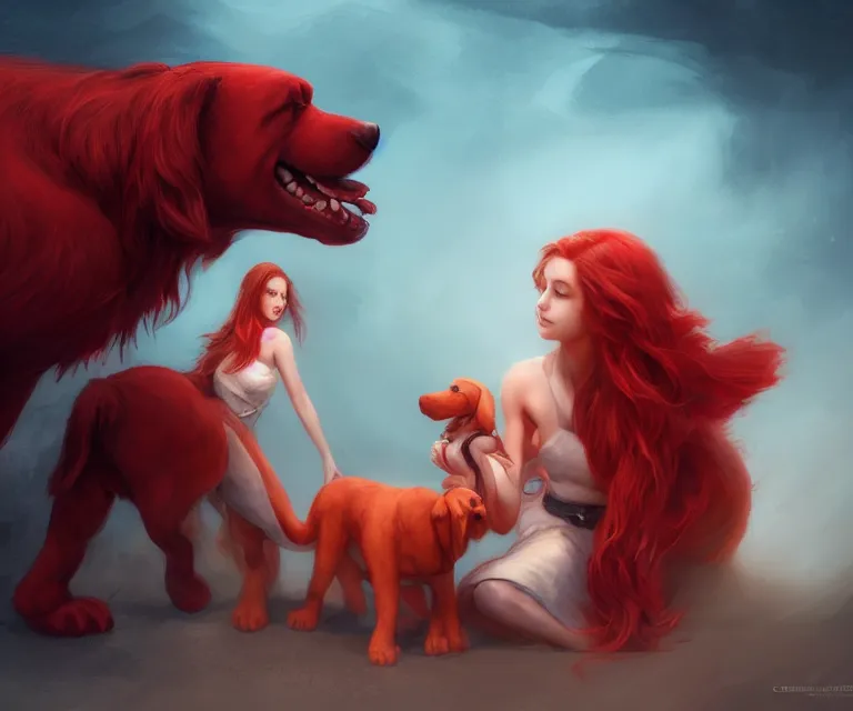 Prompt: girl hugging clifford the big red dog by charlie bowater and titian and artgerm, full body portrait, intricate, face, elegant, beautiful, highly detailed, dramatic lighting, sharp focus, trending on artstation, artstationhd, artstationhq, unreal engine, 4 k, 8 k