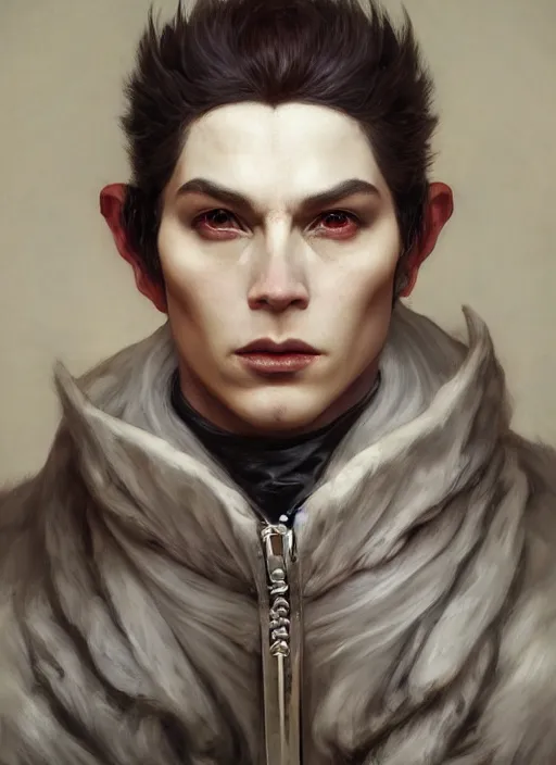 Prompt: king demon half human, elegant, white horns, wearing a bomber jacket, hyper realistic, extremely detailed, dnd character art portrait, fantasy art,, dramatic lighting, vivid colors, artstation, by edgar maxence and caravaggio and michael whelan and delacroix, lois van baarle and bouguereau