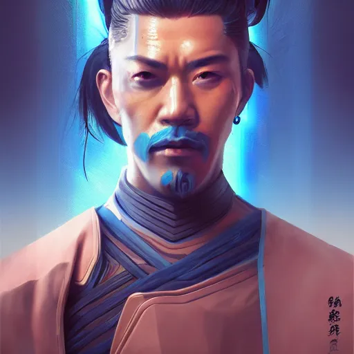 Prompt: cyberpunk samurai portrait painting a blue colors, medium shot, asymmetrical, profile picture, organic painting, sunny day, matte painting, bold shapes, hard edges, street art, trending on artstation, by huang guangjian and gil elvgren and sachin teng