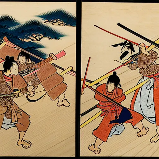 Image similar to two samurai battle each other with different banner, one with tortoise banner, one with wolf banner, wood block painting style, outline style, hand drawn style, hokusai style, circa 1 5 0 0 s, history, legendary battle, epic battle, breath taking, piece of history, museum collection, scretch, dust, grain, noise, on wood