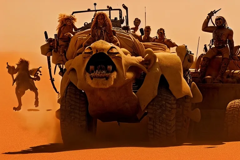 Image similar to simba ( from the lion king ), heavily armed and armored facing down armageddon in a dark and gritty version from the makers of mad max : fury road : witness me