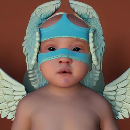 Image similar to a high tech 3 d rendering of a a baby cherub angel wearing a balaclava face mask, ski mask, face covered, covered face, fixed eyes, gucci, supreme, chanel, tattoos, multiple gold cuban chain necklace, graffiti in background, cinema 4 d, very detailed, clear, render