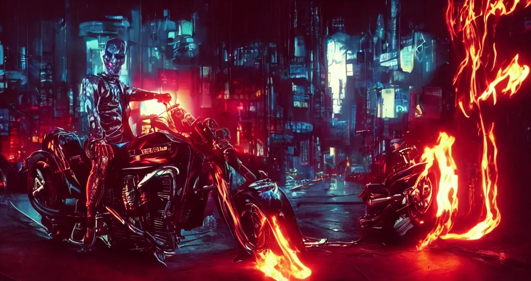 Prompt: movie still from the ghost rider cyberpunk movie directed by the Wachowskis, cinematic lighting, hyper realism, filmic, dark saturated colors, vapor wave, terrifying masterpiece, maximalist, full body portrait, black background, horror, by Giger, by Alexander McQueen