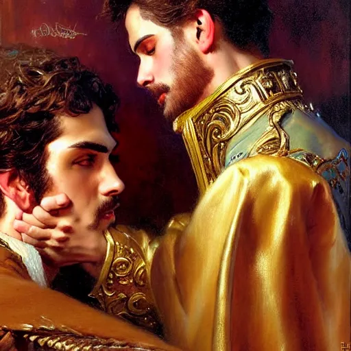 Image similar to attractive fully clothed king confesses his love for his attractive fully clothed male prince. highly detailed painting by gaston bussiere, mark brooks, j. c. leyendecker