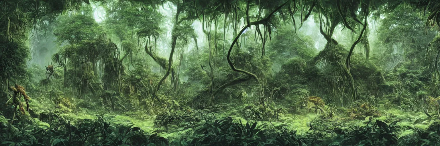 Prompt: underground cave on an exotic alien planet with a jungle canopy of antler trees in the background, leafy overgrowth, insectile weeds, by ian miller, rodney matthews and al feldstein, photorealistic render