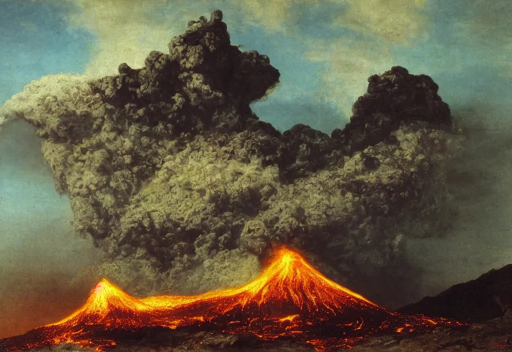 Image similar to a beautiful painting of a volcano oozing lava, pyroclastic clouds forming by albert bierstadt, high resolution, excellent contrast, morning