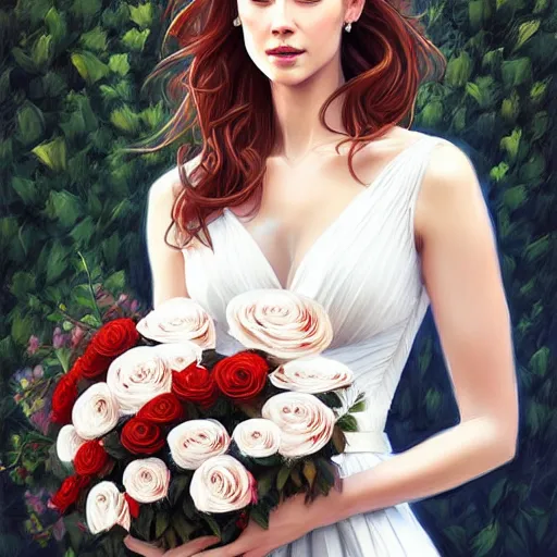 Image similar to portrait of a gorgeous woman holding a bouquet of roses in the style of stefan kostic, auburn hair, intricate, white dress, elegant, highly detailed, 8 k, art by artgerm, mark hill