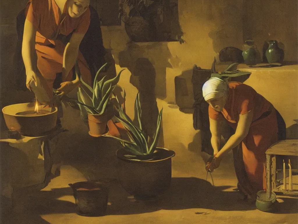 Image similar to Woman planting a large Aloe Vera in a pot. Candle light. Painting by Georges de la Tour.