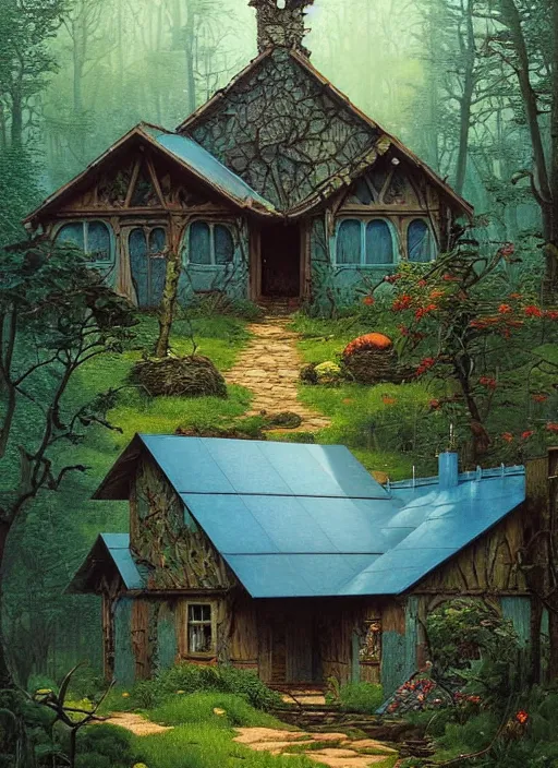 Image similar to hyper realistic witch cottage with solar panels with happy lighting and technology in the woods gorgeous lighting, sunbeams blue sky, lush forest foliage painting by zdzisław beksinski and norman rockwell and greg rutkowski weta studio, and lucasfilm