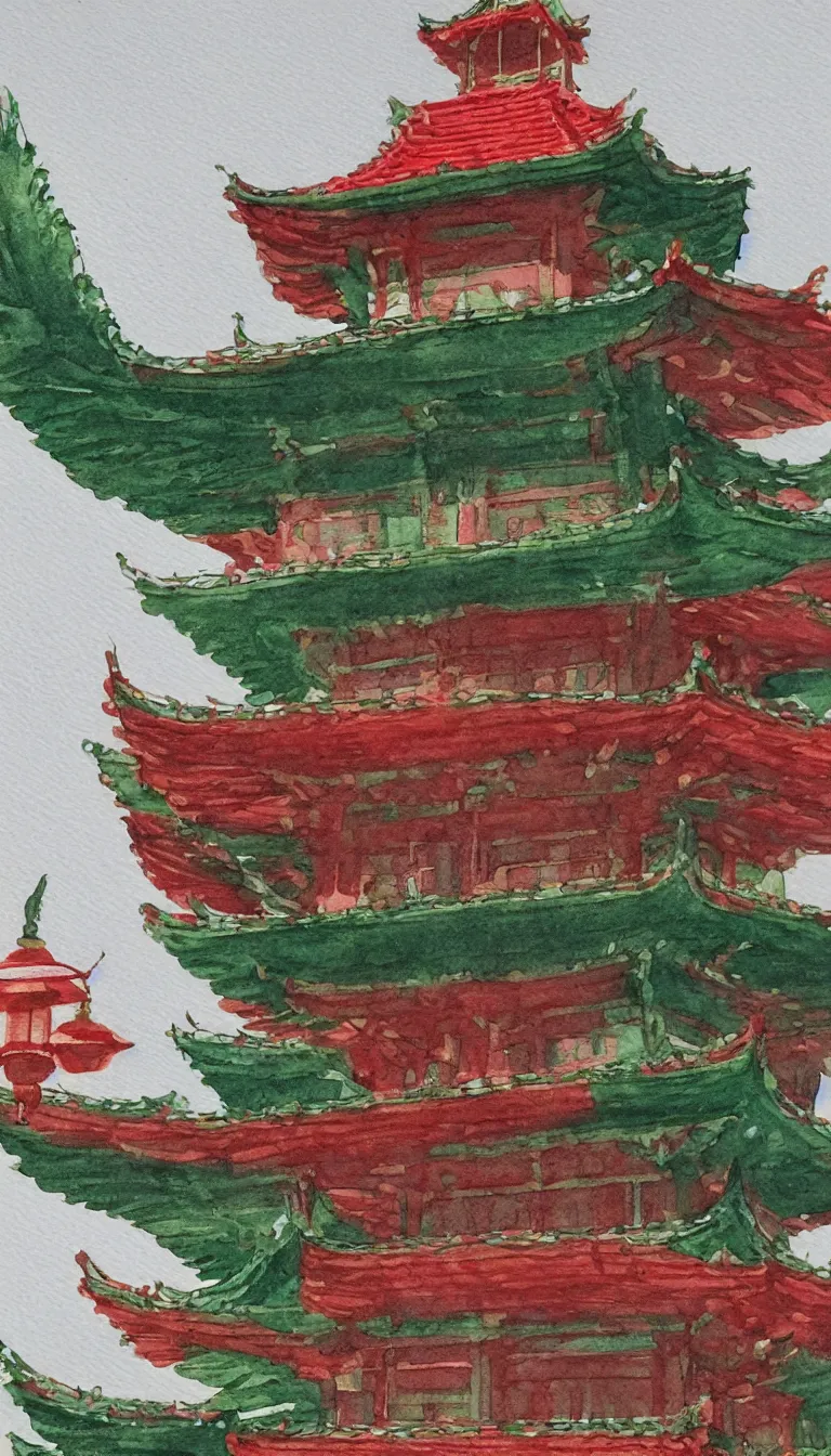 Prompt: watercolour painting of a pagoda, green and red accents, tea drinking and lanterns