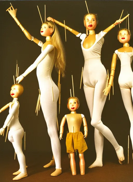 Prompt: realistic photo of a family of human full - height model wooden realistic dolls, wearing white tights, covered with long brass spikes needles, golden aura glow, center straight composition, seamless, front view 2 0 0 0, life magazine photo, museum archival photo