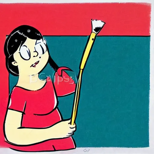 Prompt: 6 0 s style cartoon drawing of a cute younger woman with her hand resting on a giant standing paintbrush