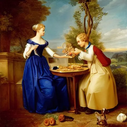 Prompt: by pietro antonio rotari, by cassius marcellus coolidge elaborate mac and cheese, lapis lazuli. a beautiful print. every conversation between friends or lovers creates its own easy or awkward rhythms, hidden talk that runs like a subterranean river under even the most banal exchange.