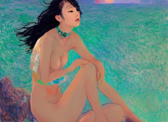 Image similar to lee jin - eun in luxurious dress emerging from turquoise water in egyptian pyramid city during an eclipse by claude monet, conrad roset, m. k. kaluta, martine johanna, rule of thirds, elegant look, beautiful, chic, face anatomy, cute complexion