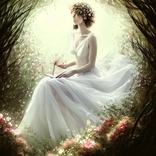 Image similar to a picture of a beautiful woman in a white organza dress and covered in flowers and leaves sitting sitting in an enchanted forest, high fantasy, elegant, epic, detailed, intricate, digital painting, concept art, realistic detailed face, smooth, focus, volumetric light and rim light,