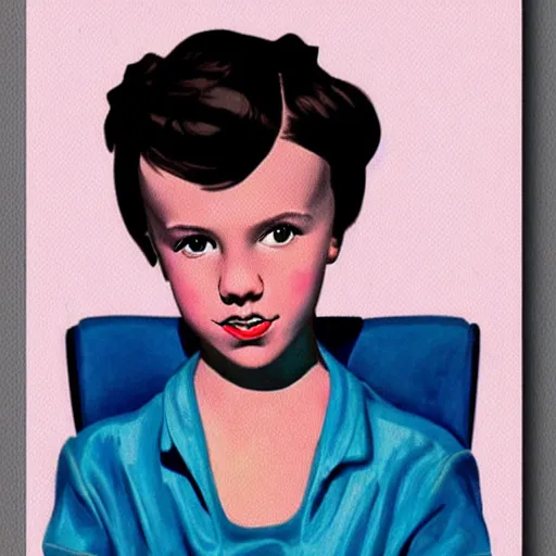 Image similar to “Millie Bobby Brown portrait, color vintage magazine illustration 1950”