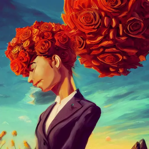 Image similar to closeup, giant rose flower head, frontal, girl in a suit, surreal photography, sunrise, blue sky, dramatic light, impressionist painting, digital painting, artstation, simon stalenhag