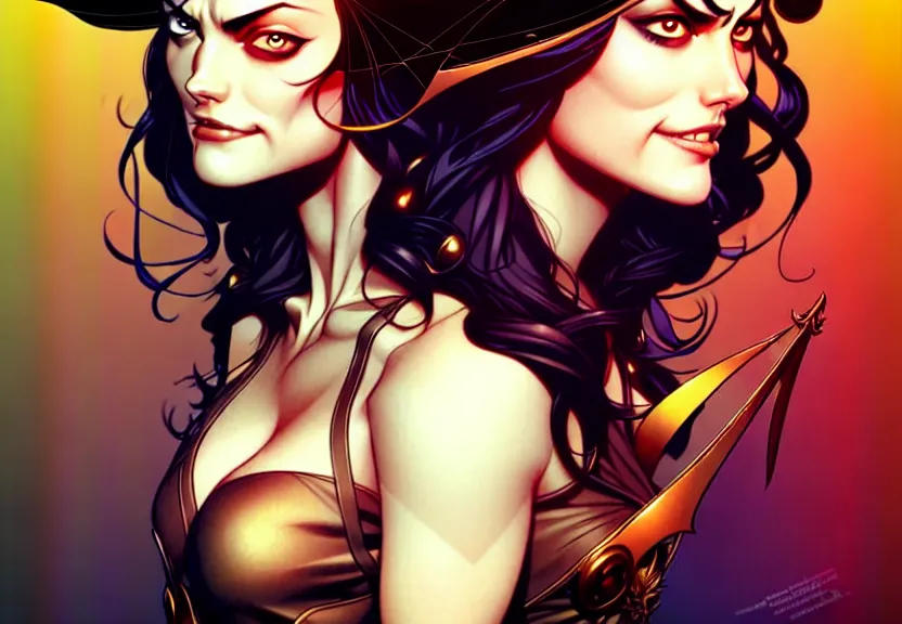 Image similar to artgerm, joshua middleton comic cover art, pretty pirate phoebe tonkin smiling, full body, symmetrical eyes, symmetrical face, long curly black hair, on a pirate ship background, warm colors