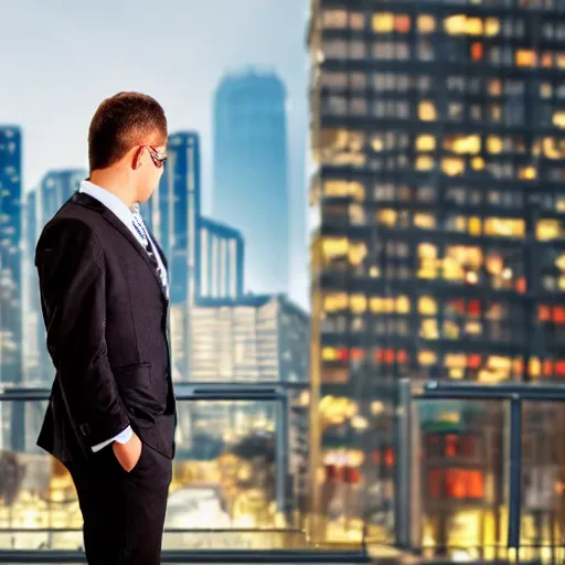 Prompt: portrait photograph of duck in a business suit, award winning, well presented, out of focus cityscape in the background