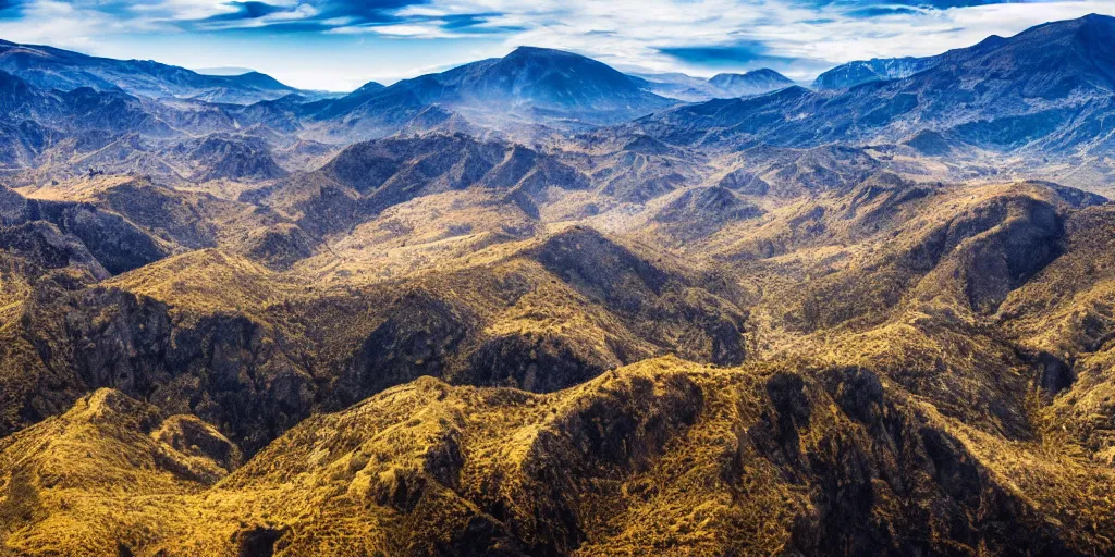 Prompt: drone shot photo of a landscape with mountains and acanyon, wallpaper, very very wide shot, national geographic, award landscape photography, professional landscape photography, sunny, day time, beautiful