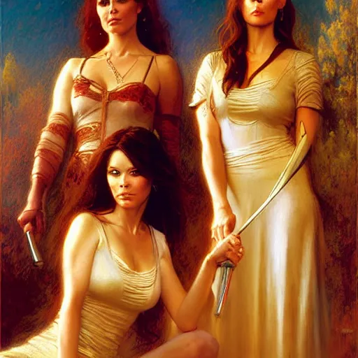 Image similar to the charmed ones tv show, prue, piper, phoebe. highly detailed painting by gaston bussiere, craig mullins, j. c. leyendecker, 8 k