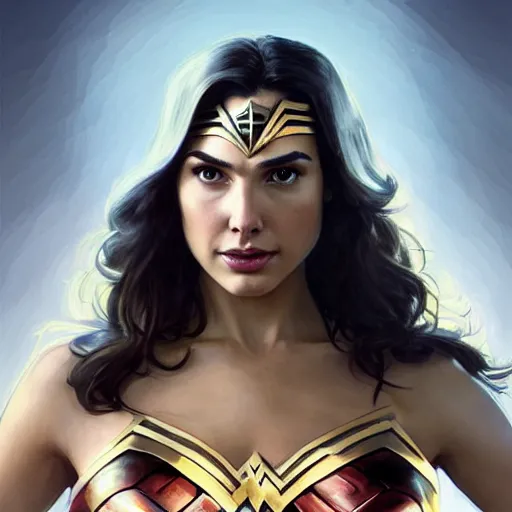 Image similar to portrait of Gal Gadot as Wonder Woman, looking at camera, D&D, intricate, elegant, serious expression, fantasy, extremely detailed, digital painting, artstation, concept art, smooth, sharp focus, illustration, stunning lighting, art by artgerm and greg rutkowski and alphonse mucha and simon stalenhag.