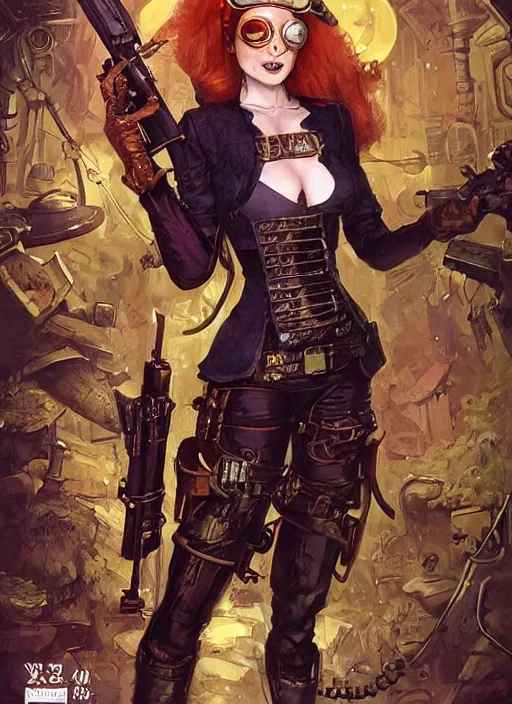 Prompt: 8K, realistic ginger Lady Mechanika in a Comic Book cover, holding a shotgun, and wearing victorian goggles in a ultradetailed Steampunk scenary, smooth, sharp focus, illustration. Art by Artgerm and Peter Andrew Jones and Pete Tapang and Alina Ivanchenko and Hirokazu Yokohara and Kago Shintaro. Trending on artstation, featured in Deviantart, Wallhaven Wallpaper, sharp focus, D&D, detailed, intricate, cinematic lighting,