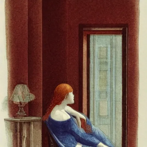 Image similar to a lonely girl in a liminal hotel room, watercolor by leon battista alberti, limited color palette, very intricate, art nouveau, highly detailed, lights by hopper, soft pastel colors, minimalist