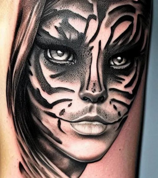 Image similar to tattoo design of a beautiful girl warrior below a tiger head, hyper realistic, realism tattoo, by eliot kohek, beautiful eyes, realistic face, black and white, white background