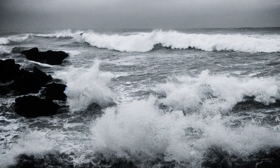 Prompt: 3 5 mm film still, stormy ocean atlantis city