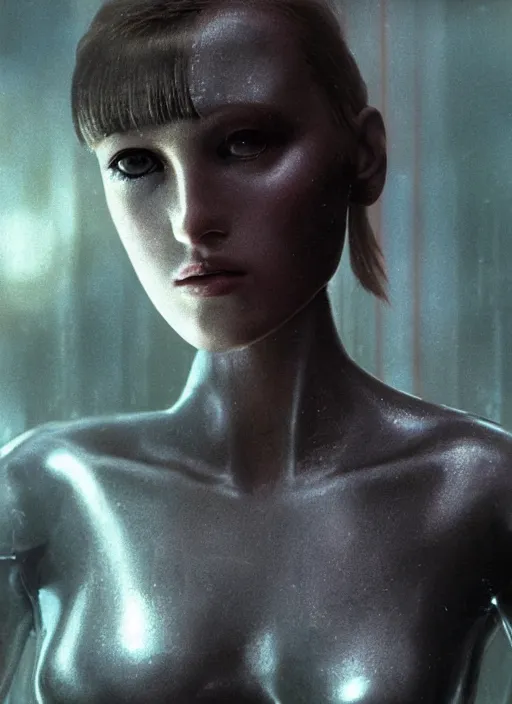 Prompt: hyper realistic and detailed closeup photo of a chrome female android in blade runner by annie leibovitz