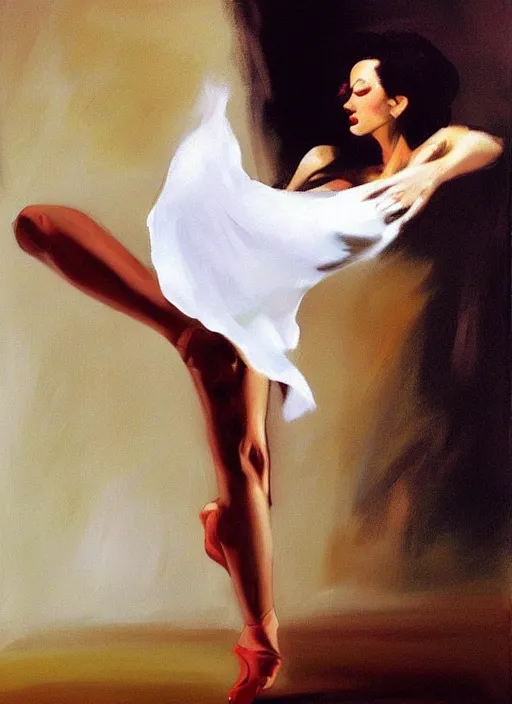 Image similar to sensual tango dancer girl in white dress, painting by phil hale, fransico goya,'action lines '!!!, graphic style, visible brushstrokes, motion blur, blurry, visible paint texture, crisp hd image