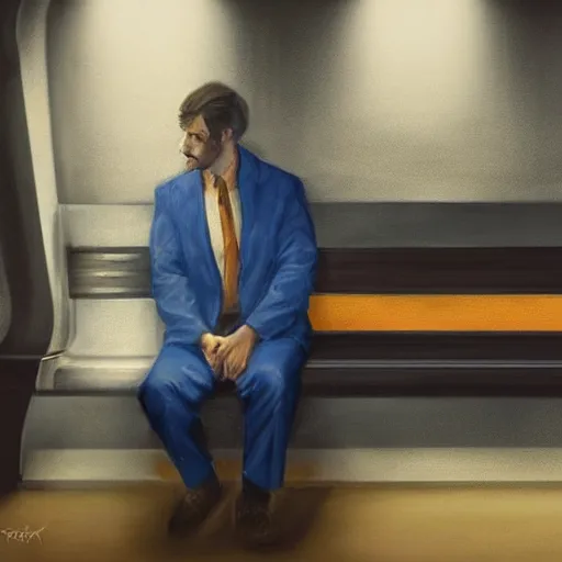 Image similar to a beautiful painting of a man sitting in a subway seat, rutkowski, concept art, cinematic lighting