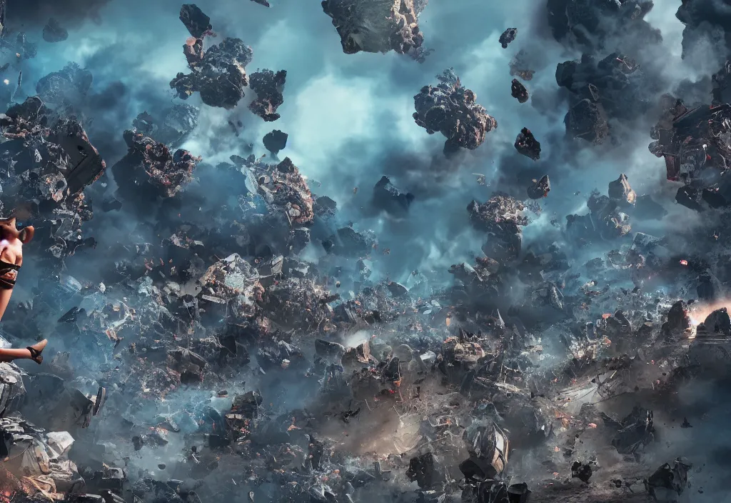 Image similar to fashion editorial in crashing asteroids on earth. gigantic explosions. cities destroyed. wide angle shot. highly detailed. depth of field. high definition. 8k. photography.