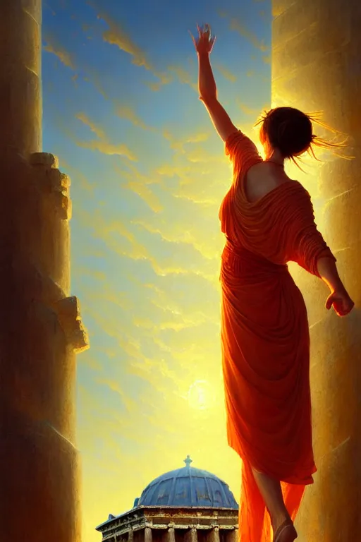 Prompt: high detail portrait, screaming woman wearing ancient greek yellow paper tunic, hands in air, stephen bliss, fantasy art by greg rutkowski, rhads, ferdinand knab, makoto shinkai and lois van baarle, global illumination, radiant light, ancient greek temple ruins, red and blue color theme