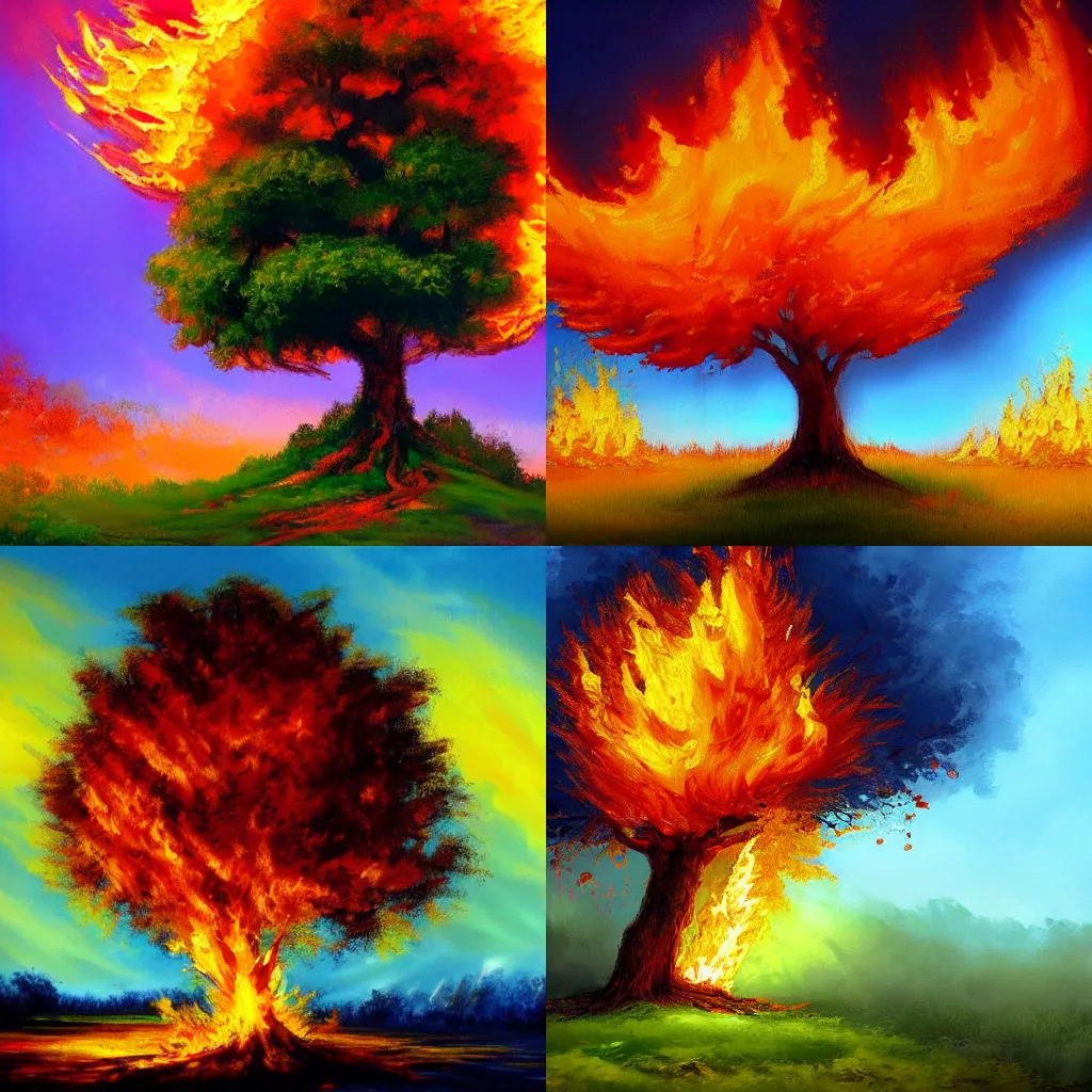 Prompt: a stunning painting of a tree on fire by Bob Ross, his best work, trending on artstation