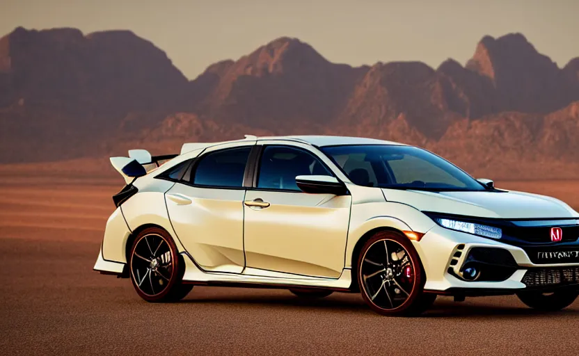 Image similar to photograph of a cell-shaded Honda Civic EK9 Type-R, surrounded by desert with a futuristic city in the horizon, sigma 85mm f/1.4, 4k, depth of field, high resolution, 4k, 8k, hd, full color