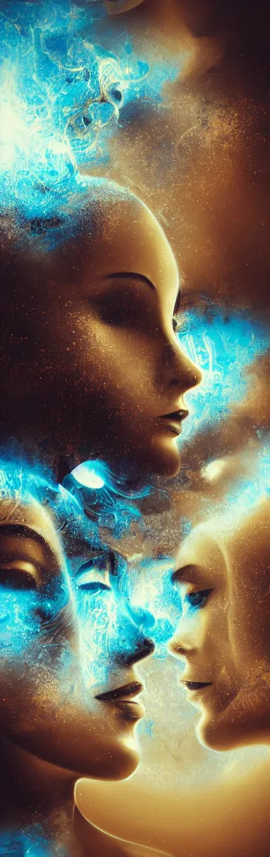 Prompt: epic illustration, abstract sculpture of beautiful two female faces and black swirling liquifying acrylic portrait, fluffy clouds, mechanical superstructure, sacred geometry, glowing edges, golden hour, beautiful light, sculpture of carving marble, dark colors, dark mood, one point light, golden spirals, clockwork, epic matte painting, concept art, bokeh, digital painting