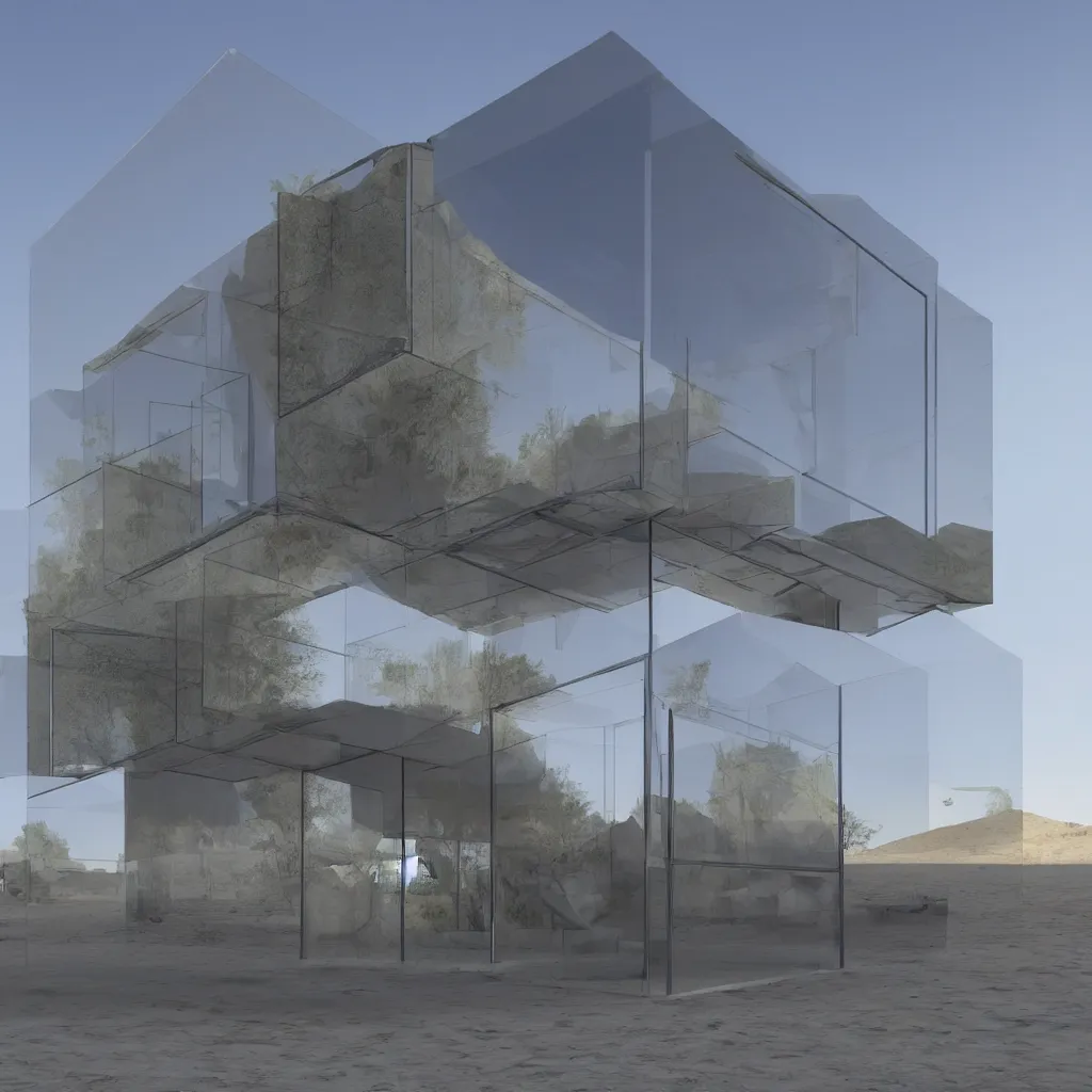 Prompt: cube-shaped building with glass exterior located in the middle of the desert, ultra-realistic, poster