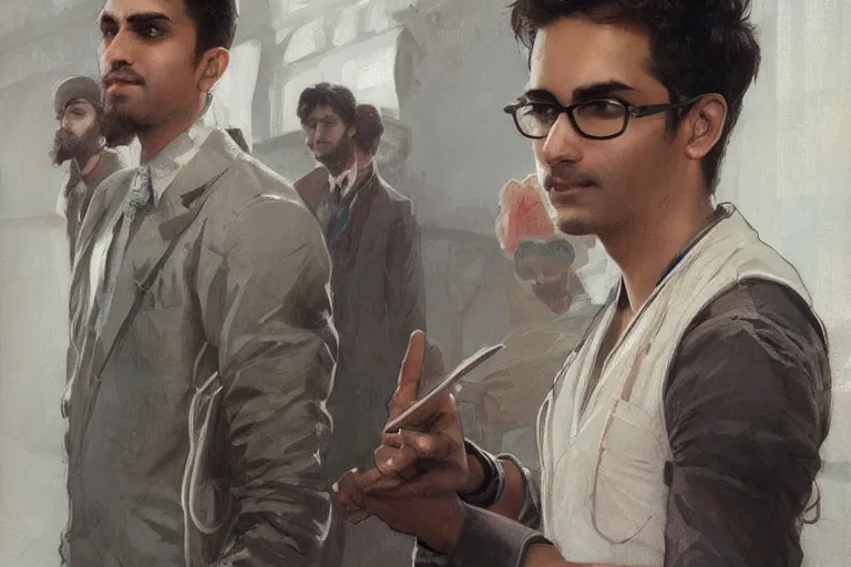 Image similar to Anxious good looking pale young Indian doctors wearing American clothes at the airport, portrait, elegant, intricate, digital painting, artstation, concept art, smooth, sharp focus, illustration, art by artgerm and greg rutkowski and alphonse mucha