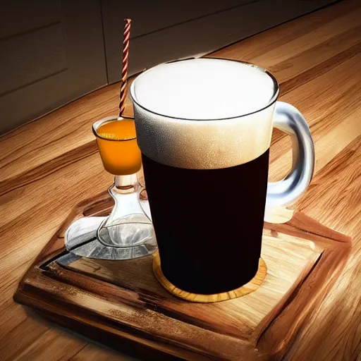 Image similar to a 3 d rendered movie still product shot an old - fashioned root beer in a frosty mug with condensation. the mug sits on a wooden bar at a diner. next to the mug is an origami bird. in the background is a dart board on a wall. imax, 7 0 mm dramatic lighting blade runner